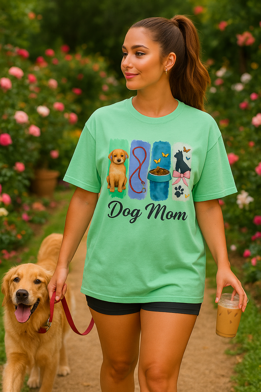 "Dog Mom T-Shirt – Cute Puppy Pet Lover Tee with Leash, Bowl & Bow Silhouette | Gift for Dog Lovers & Fur Moms"