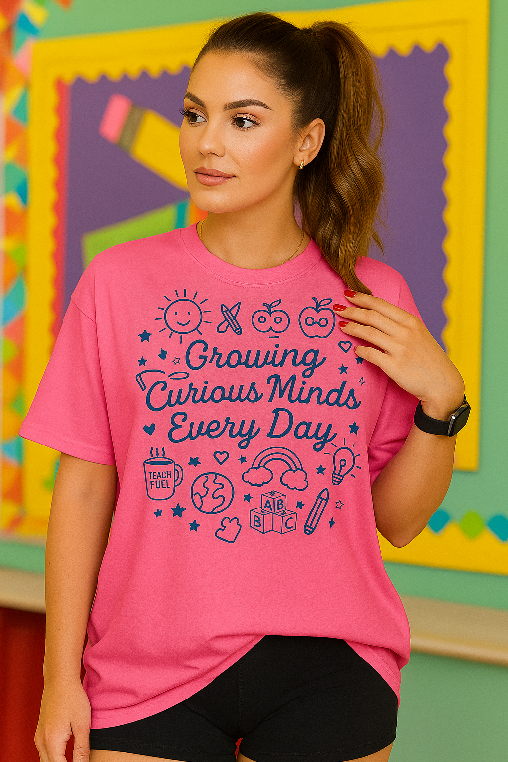 “Growing Curious Minds Every Day – Teacher Graphic Tee for Classroom, Back to School, Preschool, Kindergarten”
