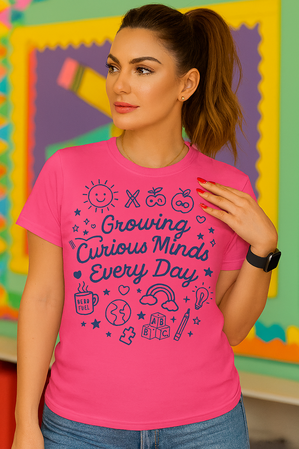 “Growing Curious Minds Every Day – Teacher Graphic Tee for Classroom, Back to School, Preschool, Kindergarten”