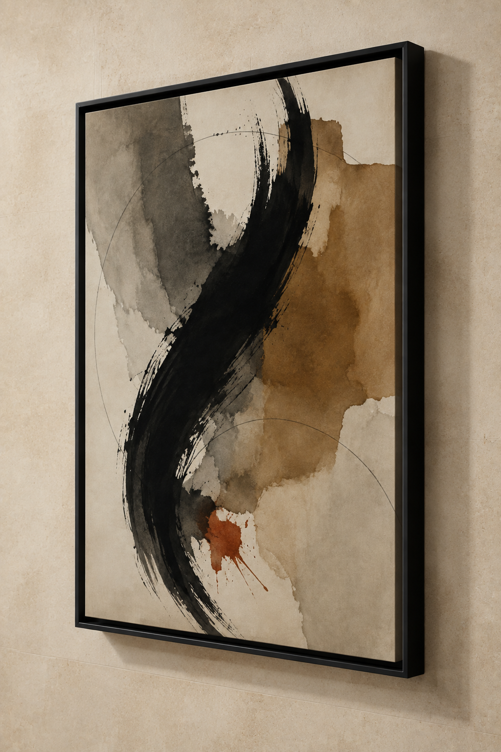 Obsidian Current No. 21 – Black & Neutral Abstract Floating Frame Canvas Art