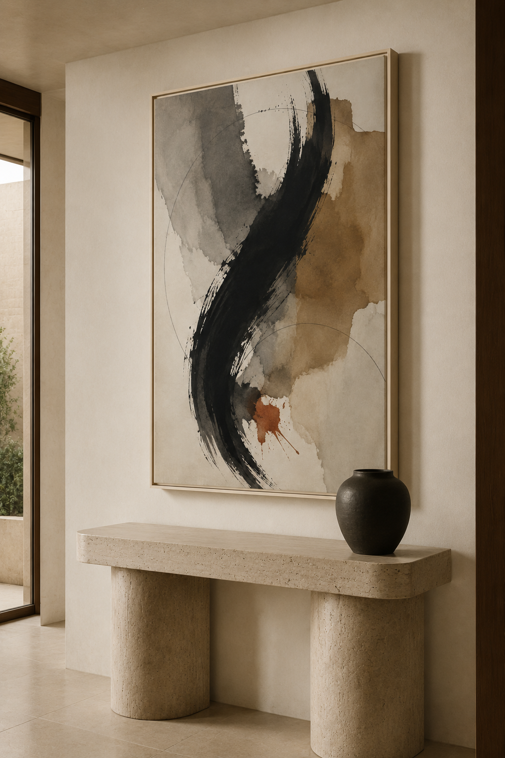 Obsidian Current No. 21 – Black & Neutral Abstract Floating Frame Canvas Art