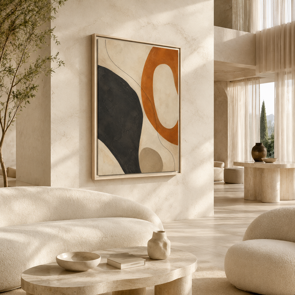 Abstract Mid-Century Matte Canvas Print — Framed Modern Wall Art (Terracotta & Charcoal)