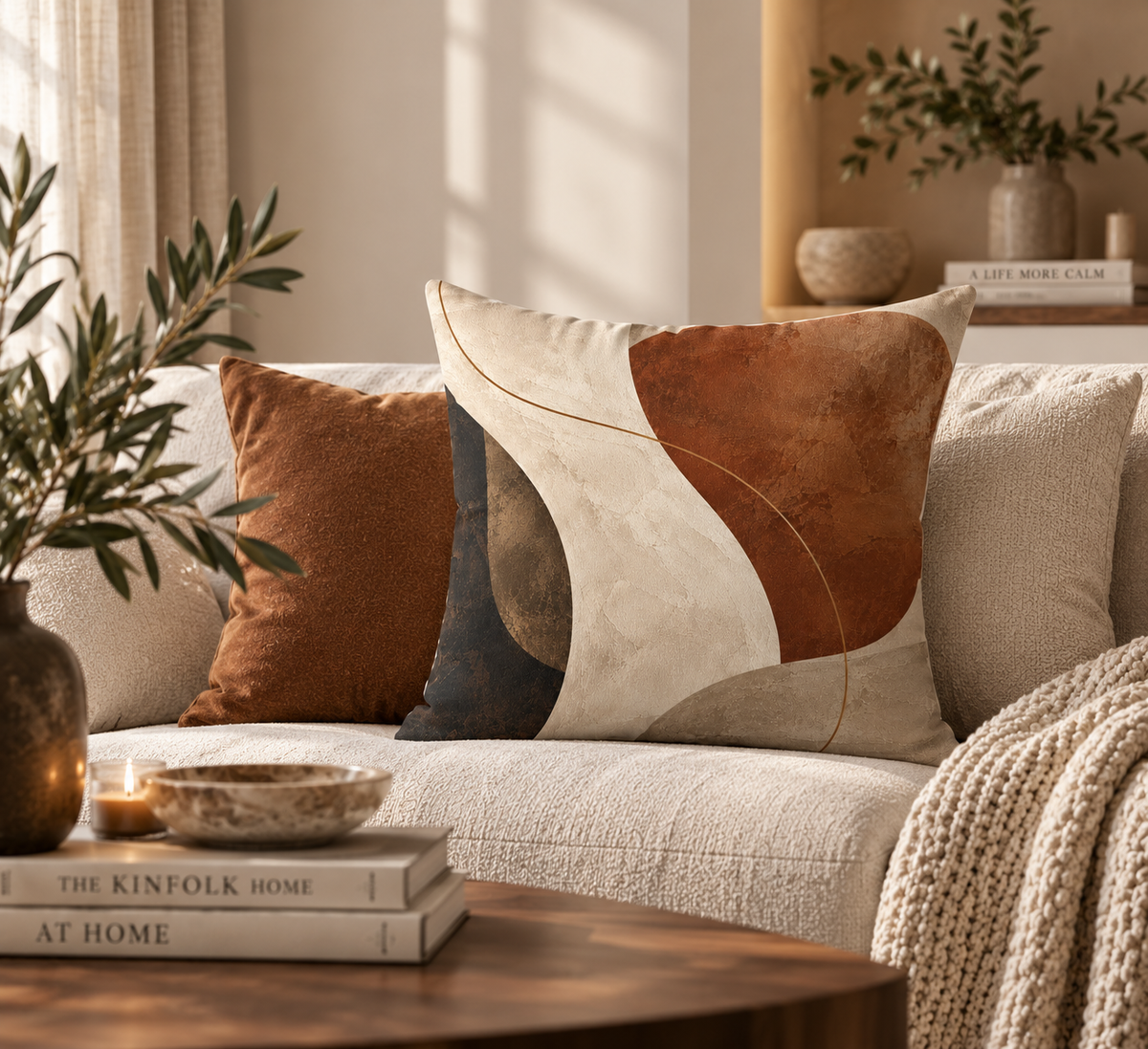 Quiet Orbit No.23 — Abstract Art Cushion | Neutral Terracotta Decorative Pillow