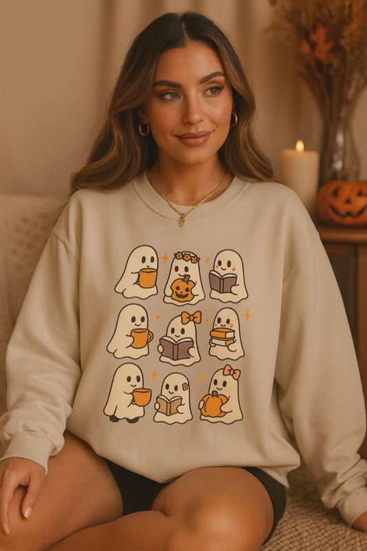 Cute Ghost Unisex Sweatshirt – Cozy Fall & Halloween Crewneck for Book Lovers, Coffee Drinkers & Pumpkin Season