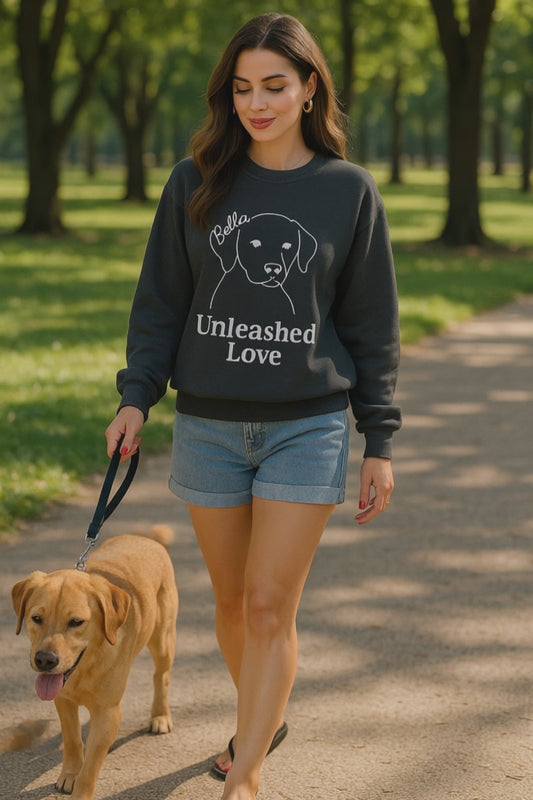 Custom Dog Name Sweatshirt – “Unleashed Love” Pet Lover Crewneck | Personalized Dog Owner Gift, Cute Minimalist Dog Line Art Pullover