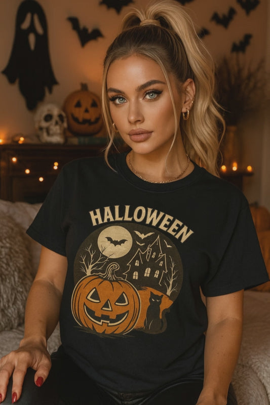 Limited Edition Vintage Halloween Graphic Tee – Retro Pumpkin, Black Cat & Haunted House T-Shirt, Halloween Unisex Tee, Jack-o'-Lantern Shirt, Cute Halloween Apparel, Trick or Treat T-shirt, Fall Festive Wear, Halloween Gifts
