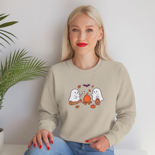 Cute Ghosts Campfire Embroidered Sweatshirt | Cozy Fall Halloween Crewneck | Spooky Season Autumn Pullover for Women & Men