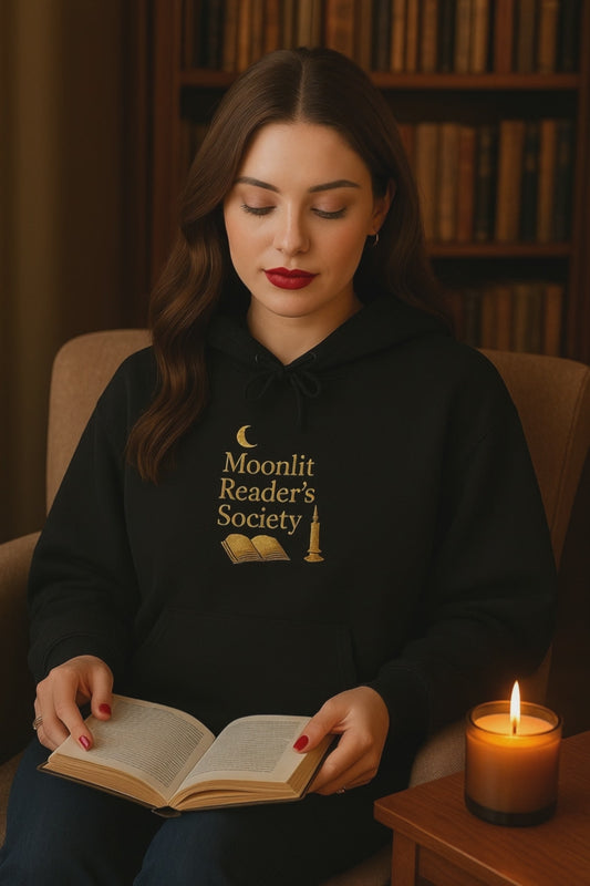Moonlit Reader’s Society Hoodie – Cozy Book Lover Pullover for Night Readers (Maroon)