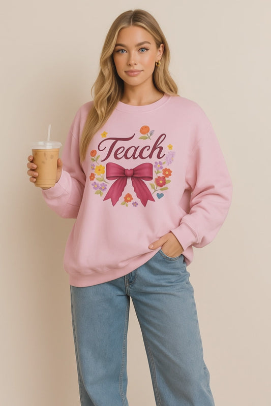 Cute Teacher Long Sleeve Shirt – Floral Teach Bow Sweatshirt – Teacher Appreciation Gift Idea- Teacher Long Sleeve Tee, Educator Gift, Cute Teacher Shirt, Classroom Style, Teacher Appreciation